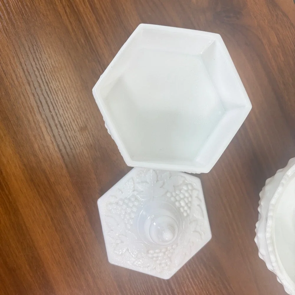 Vintage Fenton Hobnail Milk Glass Candy Dish, Two Candle Holders, Canister Lot 5
